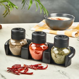 Hermia ET-00122 Juego de Tarros para Especias de Vidrio Transparente con Soporte, 210 ml