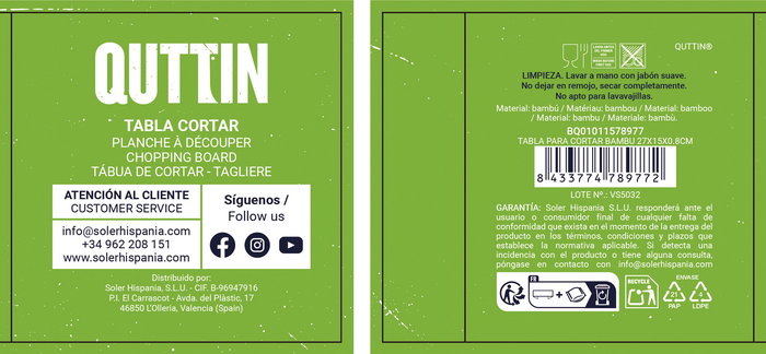 Quttin Tabla para Cortar de Bambú 27 x 15 x 0.8 cm (24 Unidades)