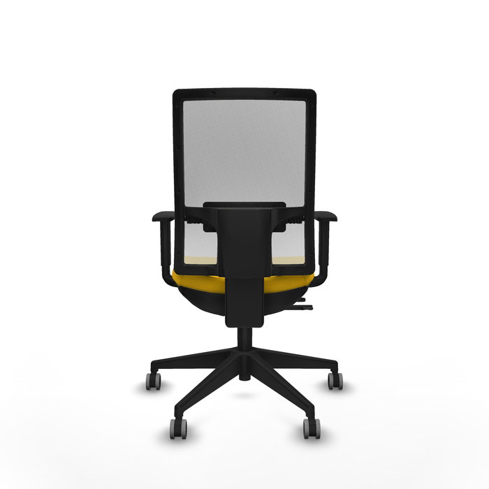 Silla de oficina Horna con mecanismo Sincro/Traslack tapizada con Tela color Amarillo y malla color Blanco. Equipada con lumbar 1D, Brazos 1D y Ruedas 65 mm parqué