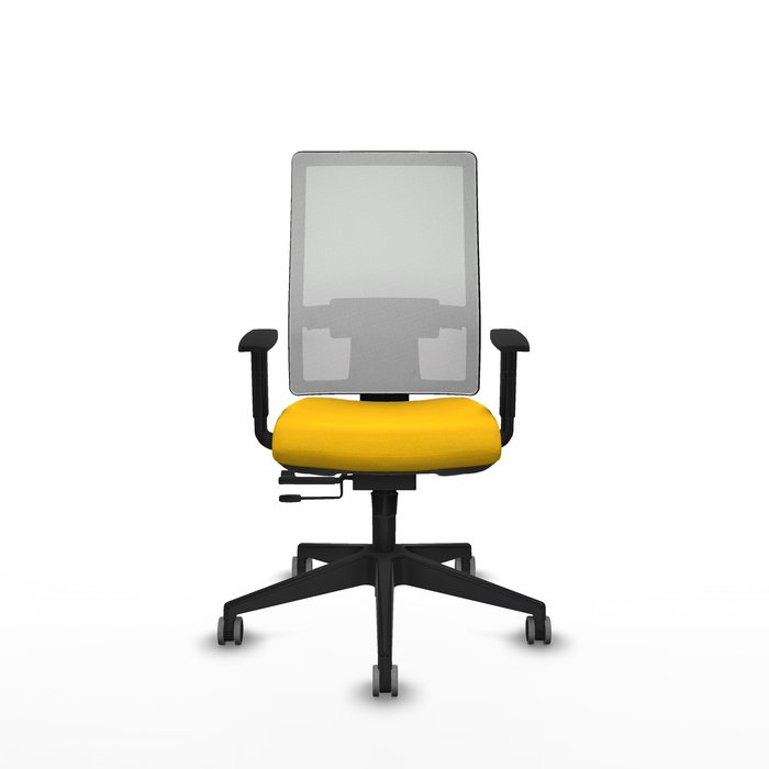 Silla de oficina Horna con mecanismo Sincro/Traslack tapizada con Tela color Amarillo y malla color Blanco. Equipada con lumbar 1D, Brazos 1D y Ruedas 65 mm parqué