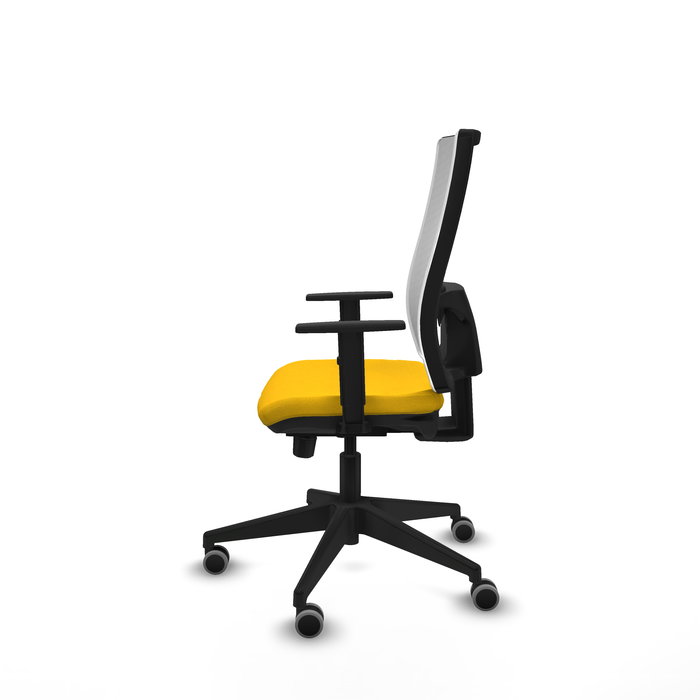 Silla de oficina Horna con mecanismo Sincro/Traslack tapizada con Tela color Amarillo y malla color Blanco. Equipada con lumbar 1D, Brazos 1D y Ruedas 65 mm parqué