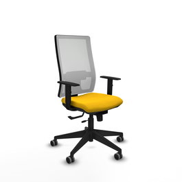 Silla de oficina Horna con mecanismo Sincro/Traslack tapizada con Tela color Amarillo y malla color Blanco. Equipada con lumbar 1D, Brazos 1D y Ruedas 65 mm parqué