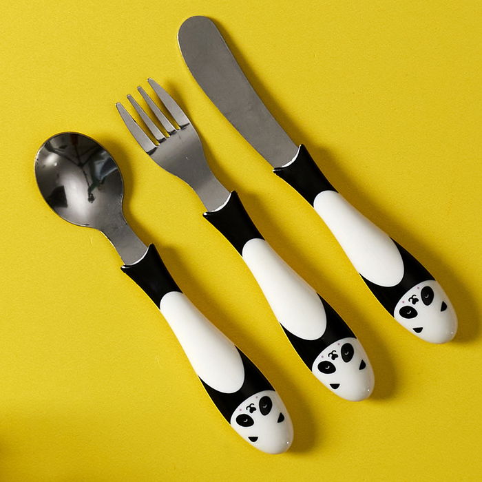 Home Deco Kids Juego de 3 Cubiertos Infantiles con Animales (Mapache, Panda, Pingüino) de Acero Inoxidable para Niños a Partir de 18 Meses