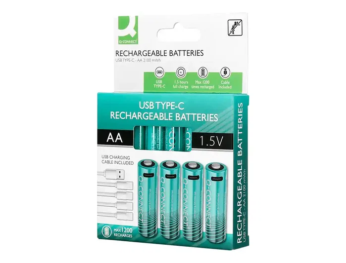 Q-Connect Pilas AA Recargables USB-C 1400mAh, Pack de 4 Unidades Q-Connect Pilas AA Recargables USB-C 1400mAh, Pack de 4 Unidades