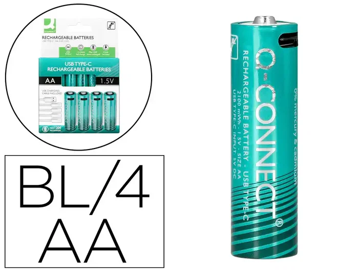 Q-Connect Pilas AA Recargables USB-C 1400mAh, Pack de 4 Unidades Q-Connect Pilas AA Recargables USB-C 1400mAh, Pack de 4 Unidades