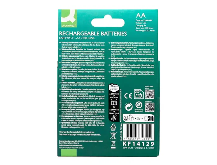 Q-Connect Pilas AA Recargables USB-C 1400mAh, Pack de 4 Unidades Q-Connect Pilas AA Recargables USB-C 1400mAh, Pack de 4 Unidades