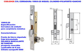CVL Cerradura 1990 Níquel con Cilindro, Picaporte y Gancho
