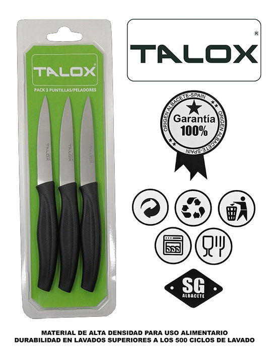 TALOX Pack de 3 Cuchillos Peladores de 90 mm con Mango Negro
