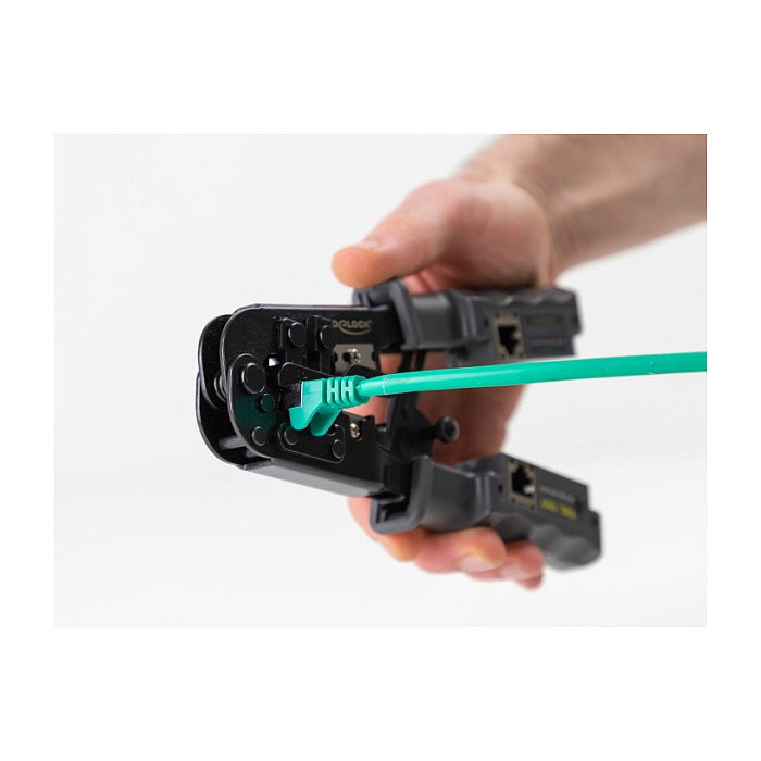 DeLOCK Crimpzange, Herramienta de Prensa para Conectores RJ45 RJ12 RJ11 RJ10 con Abisolierer y Tester de Red, 8P 6P 4P, Combinada, Negro y Verde
