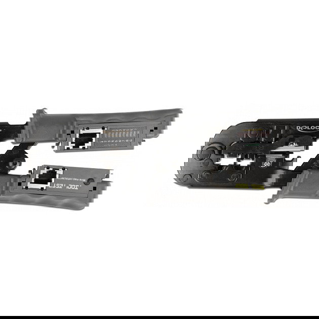 DeLOCK Crimpzange, Herramienta de Prensa para Conectores RJ45 RJ12 RJ11 RJ10 con Abisolierer y Tester de Red, 8P 6P 4P, Combinada, Negro y Verde