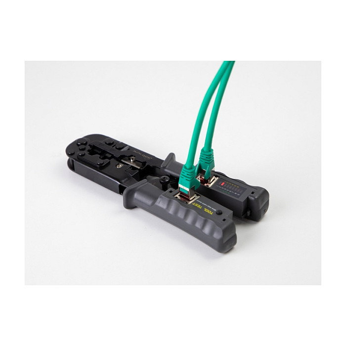 DeLOCK Crimpzange, Herramienta de Prensa para Conectores RJ45 RJ12 RJ11 RJ10 con Abisolierer y Tester de Red, 8P 6P 4P, Combinada, Negro y Verde