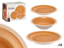 Vessia Set 18 Piezas Vajilla Gres Beige Borde Plato Llano 26 cm, Plato Hondo 21.5 cm, Plato Postre 19 cm 34.5x27.5x20 cm