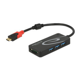 DeLOCK Hub USB Type-C con 3 Puertos USB Tipo-A y Lector de Tarjetas SD/MicroSD Negro