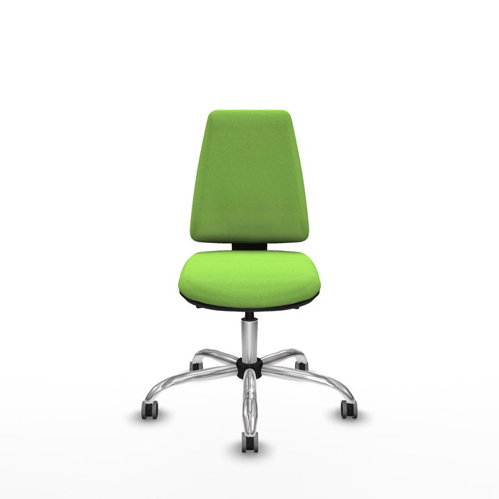 Silla de oficina Elche con mecanismo Asincro tapizada con Tela color Pistacho. Equipada con Base cromada, Sin brazos y Ruedas 65 mm parqué