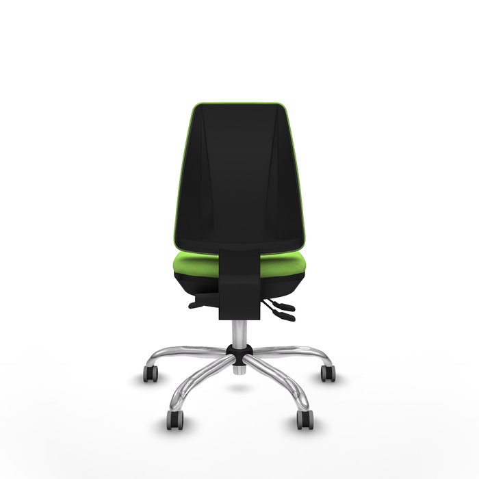 Silla de oficina Elche con mecanismo Asincro tapizada con Tela color Pistacho. Equipada con Base cromada, Sin brazos y Ruedas 65 mm parqué