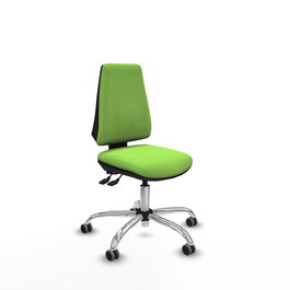 Silla de oficina Elche con mecanismo Asincro tapizada con Tela color Pistacho. Equipada con Base cromada, Sin brazos y Ruedas 65 mm parqué