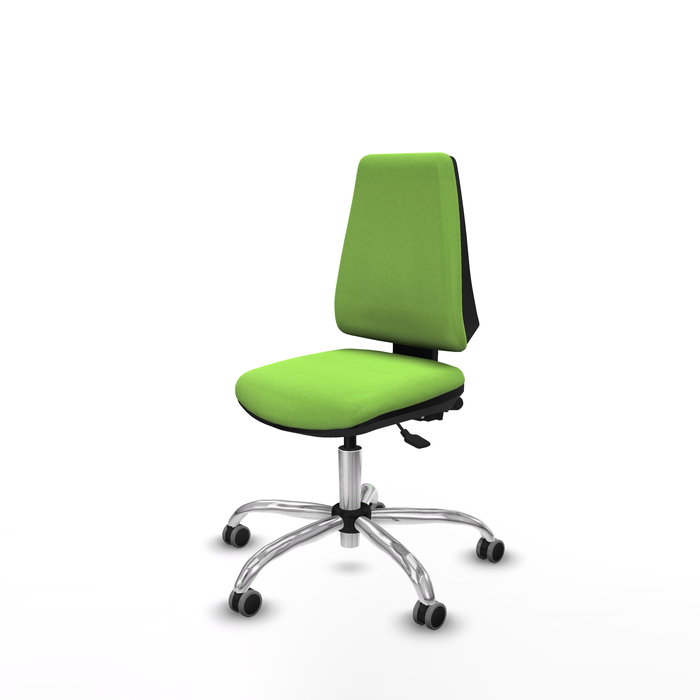 Silla de oficina Elche con mecanismo Asincro tapizada con Tela color Pistacho. Equipada con Base cromada, Sin brazos y Ruedas 65 mm parqué