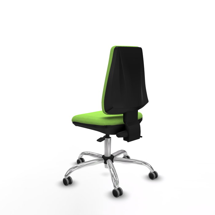 Silla de oficina Elche con mecanismo Asincro tapizada con Tela color Pistacho. Equipada con Base cromada, Sin brazos y Ruedas 65 mm parqué