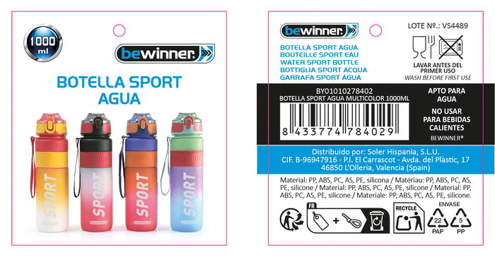 Inde Botella Sport Agua Multicolor 1000 ml (12 Unidades)