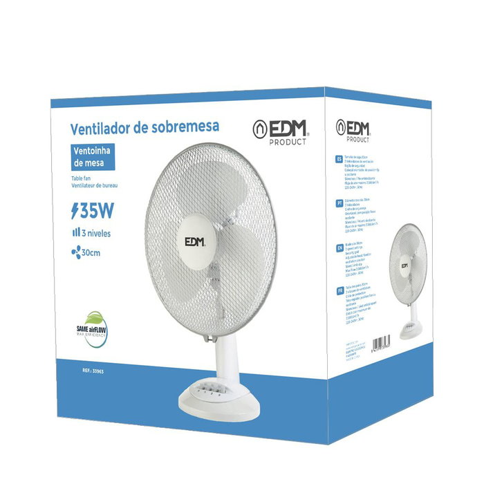 EDM Ventilador de Sobremesa Blanco, 35W, 53.4 dB, Aspas Ø30 x 48 cm, 3 Velocidades, Caudal 3588 m³/h, Cabezal Ajustable/Oscilante
