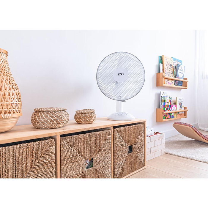 EDM Ventilador de Sobremesa Blanco, 35W, 53.4 dB, Aspas Ø30 x 48 cm, 3 Velocidades, Caudal 3588 m³/h, Cabezal Ajustable/Oscilante