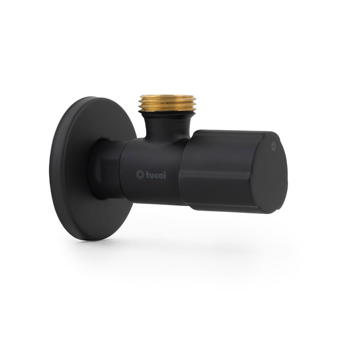 TMM Válvula Escuadra Cerámica de 1/2 x 3/8 Pulg, Mando Redondo Metálico 1/4 de Vuelta, Color Negro, Para Agua Potable, 16 Bar, 95°C