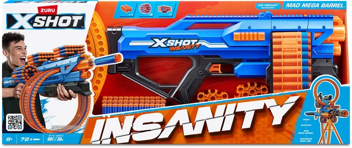 Zuru XSHOT Insanity Mad Mega Barrel Blaster Giratorio con Cañón de 72 Dardos y Alcance de 27 Metros