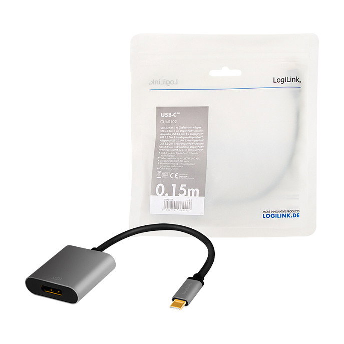LogiLink Adaptador USB 3.2 Gen1 Type-C a DisplayPort 8K/60 Hz, 0.15 m, Negro/Gris LogiLink Adaptador USB 3.2 Gen1 Type-C a DisplayPort 8K/60 Hz, 0.15 m, Negro/Gris