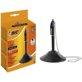 BIC Bolígrafo Counter Pen con 4 Recambios de Tinta Azul, Base y Cadena, Negro