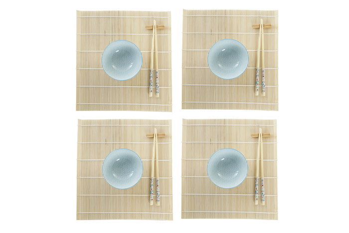 DKD Home Decor Sushi Set 16 piezas Bambú y Gres Azul 14,5x14,5x31 cm