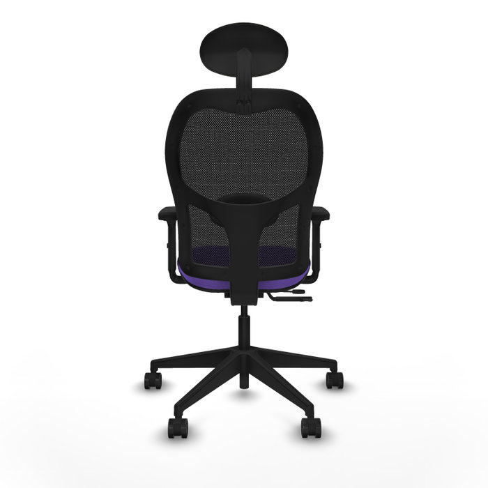 Silla de oficina Alocén con mecanismo Sincro/Traslack tapizada con Tela color Lila y malla color Negro. Equipada con lumbar 1D, Brazos 2D, Cabecero Fijo y Ruedas 65mm nailon