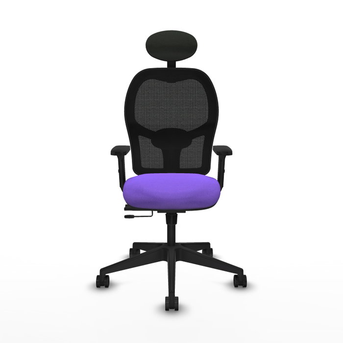 Silla de oficina Alocén con mecanismo Sincro/Traslack tapizada con Tela color Lila y malla color Negro. Equipada con lumbar 1D, Brazos 2D, Cabecero Fijo y Ruedas 65mm nailon