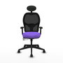 Silla de oficina Alocén con mecanismo Sincro/Traslack tapizada con Tela color Lila y malla color Negro. Equipada con lumbar 1D, Brazos 2D, Cabecero Fijo y Ruedas 65mm nailon