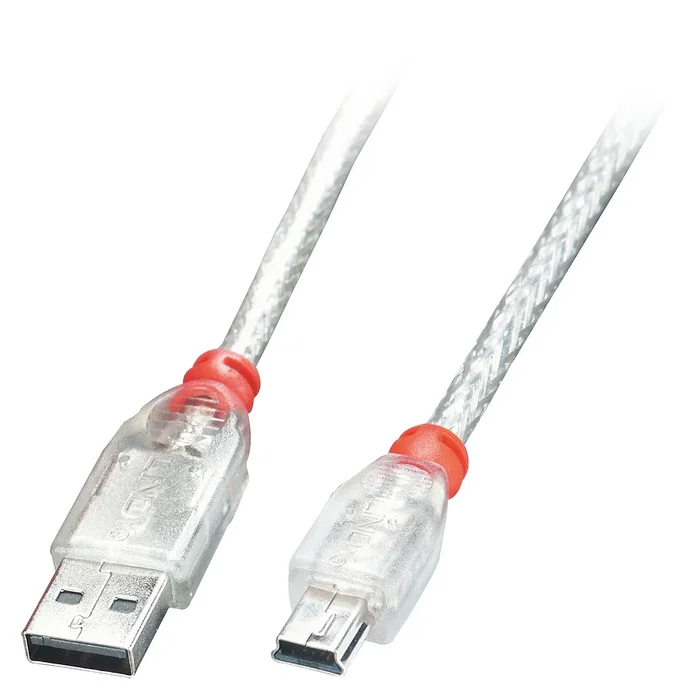 Lindy 41782 Cable USB 2.0 A a Mini-USB B 1m, Macho Derecho, Transparente, 480 Mbit/s
