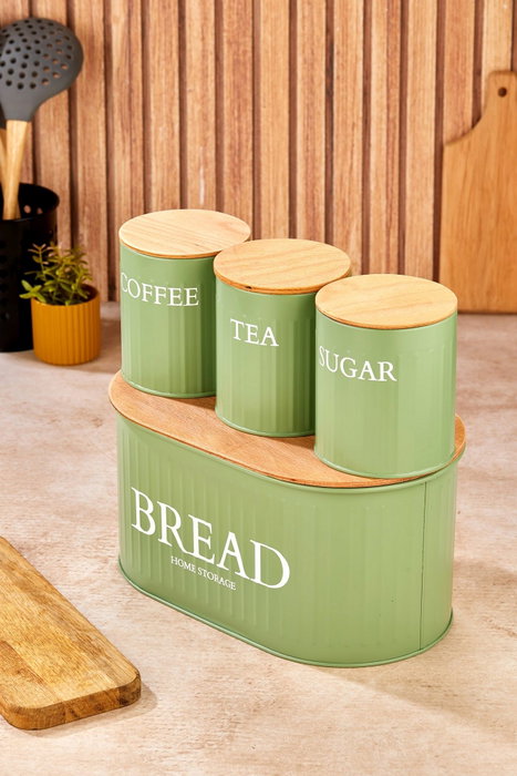 Hermia M0265 - 4LU/YESIL Juego de 4 Cajas de Almacenamiento de Metal Verde con Tapas de Madera para Cocina y Despensa, Medidas 30x19x15 cm y 10x11x10 cm