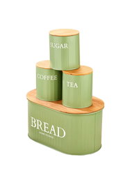 Hermia M0265 - 4LU/YESIL Juego de 4 Cajas de Almacenamiento de Metal Verde con Tapas de Madera para Cocina y Despensa, Medidas 30x19x15 cm y 10x11x10 cm