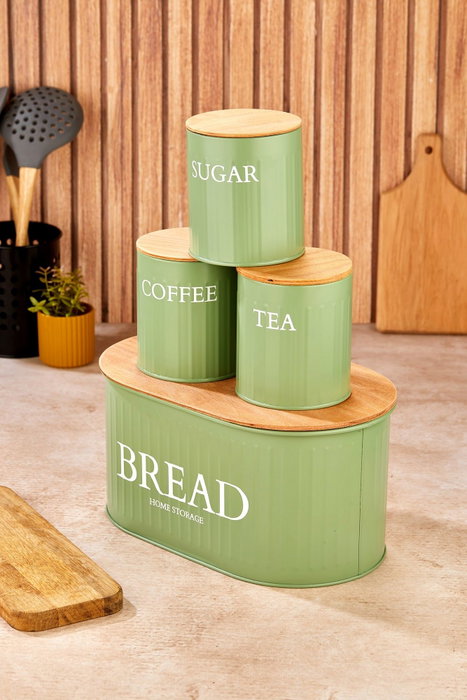 Hermia M0265 - 4LU/YESIL Juego de 4 Cajas de Almacenamiento de Metal Verde con Tapas de Madera para Cocina y Despensa, Medidas 30x19x15 cm y 10x11x10 cm