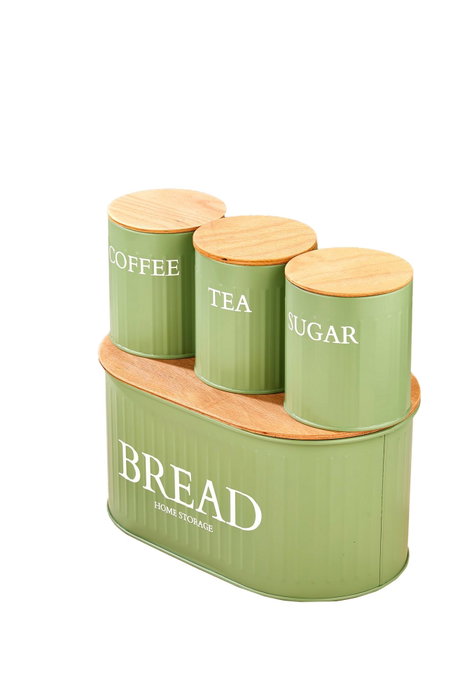 Hermia M0265 - 4LU/YESIL Juego de 4 Cajas de Almacenamiento de Metal Verde con Tapas de Madera para Cocina y Despensa, Medidas 30x19x15 cm y 10x11x10 cm