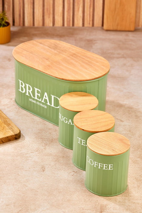 Hermia M0265 - 4LU/YESIL Juego de 4 Cajas de Almacenamiento de Metal Verde con Tapas de Madera para Cocina y Despensa, Medidas 30x19x15 cm y 10x11x10 cm