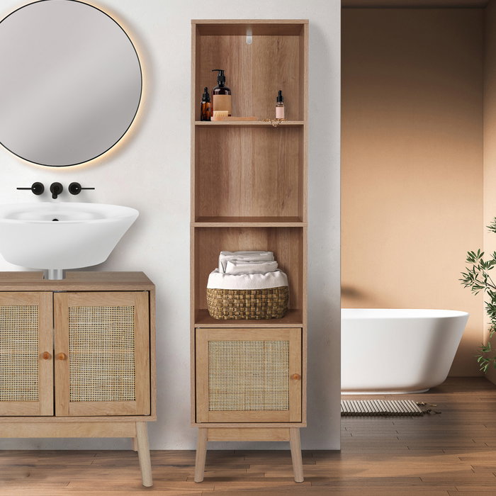Home Deco Factory Estantería Bali Con 1 Puerta y 3 Baldas para Comedor o Baño Madera y Ratán 40x30x160 cm