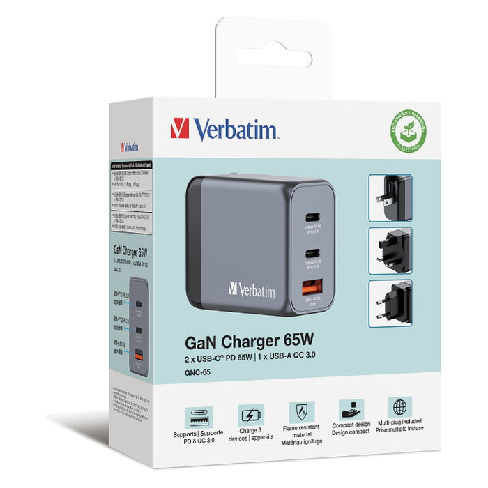 Verbatim GNC-65 Cargador de Pared GaN 65W con 2x USB-C y 1x USB-A