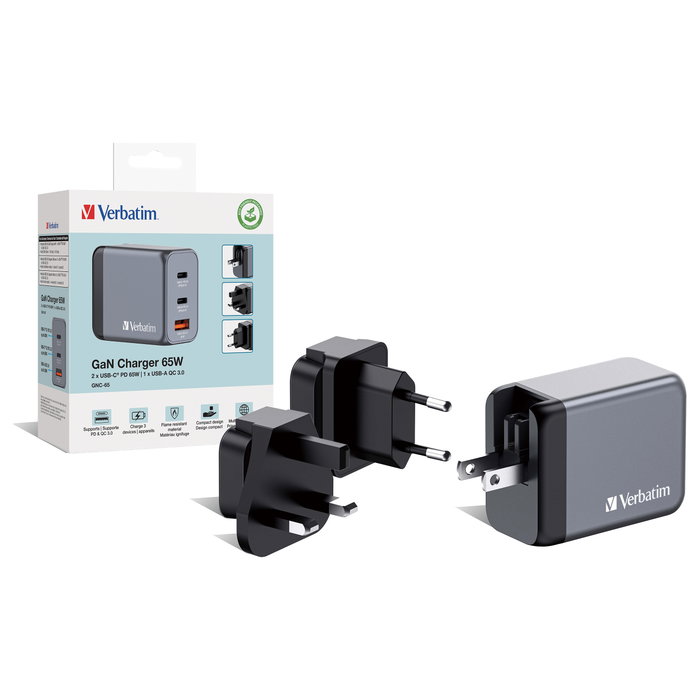 Verbatim GNC-65 Cargador de Pared GaN 65W con 2x USB-C y 1x USB-A