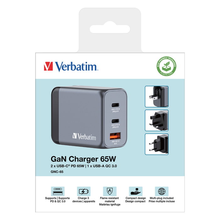 Verbatim GNC-65 Cargador de Pared GaN 65W con 2x USB-C y 1x USB-A