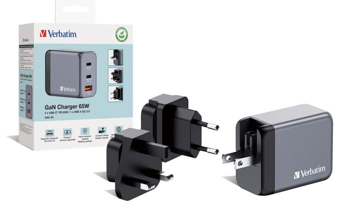 Verbatim GNC-65 Cargador de Pared GaN 65W con 2x USB-C y 1x USB-A