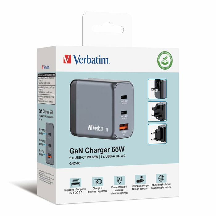 Verbatim GNC-65 Cargador de Pared GaN 65W con 2x USB-C y 1x USB-A