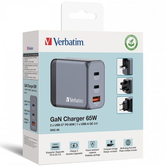 Verbatim GNC-65 Cargador de Pared GaN 65W con 2x USB-C y 1x USB-A