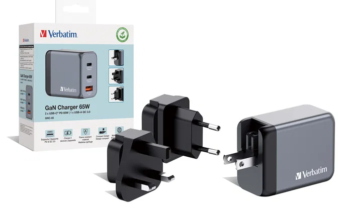 Verbatim GNC-65 Cargador de Pared GaN 65W con 2x USB-C y 1x USB-A