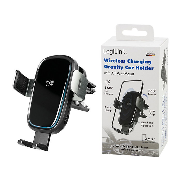 LogiLink Cargador inalámbrico para coche con activación por gravedad, 15W