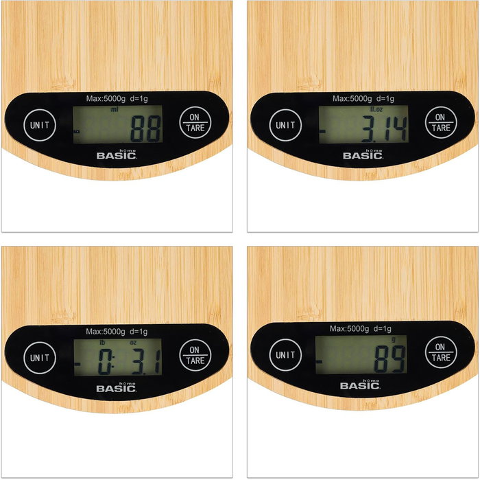 Inde Báscula de Cocina Digital Redonda de Bambú 5 Kg. Dimensiones: 20.8 cm (Largo) x 20.7 cm (Alto) x 4.1 cm (Ancho) (12 Unidades)