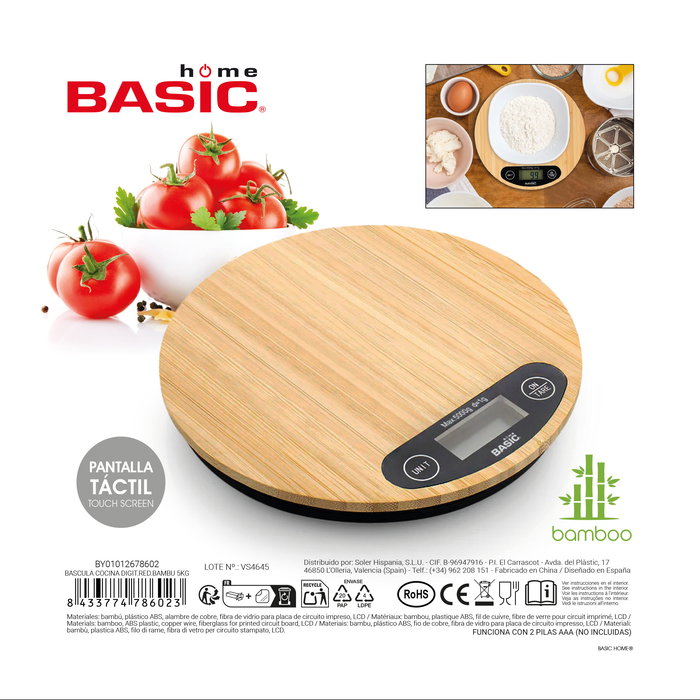 Inde Báscula de Cocina Digital Redonda de Bambú 5 Kg. Dimensiones: 20.8 cm (Largo) x 20.7 cm (Alto) x 4.1 cm (Ancho) (12 Unidades)